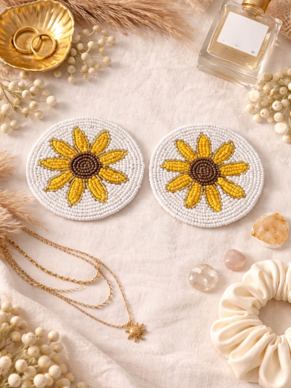 FREE W Bundle of 2 + Boho Daisy Beaded Coasters Set Sunflower Aesthetic Decor